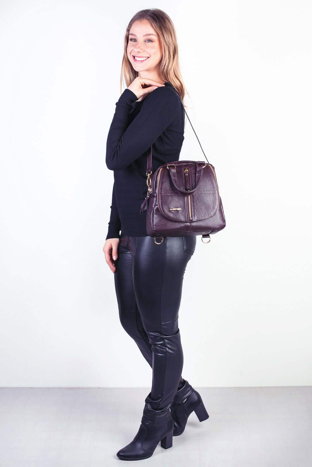 Bolsa mochila 2 em 1 em couro liso Marina - Enluaze