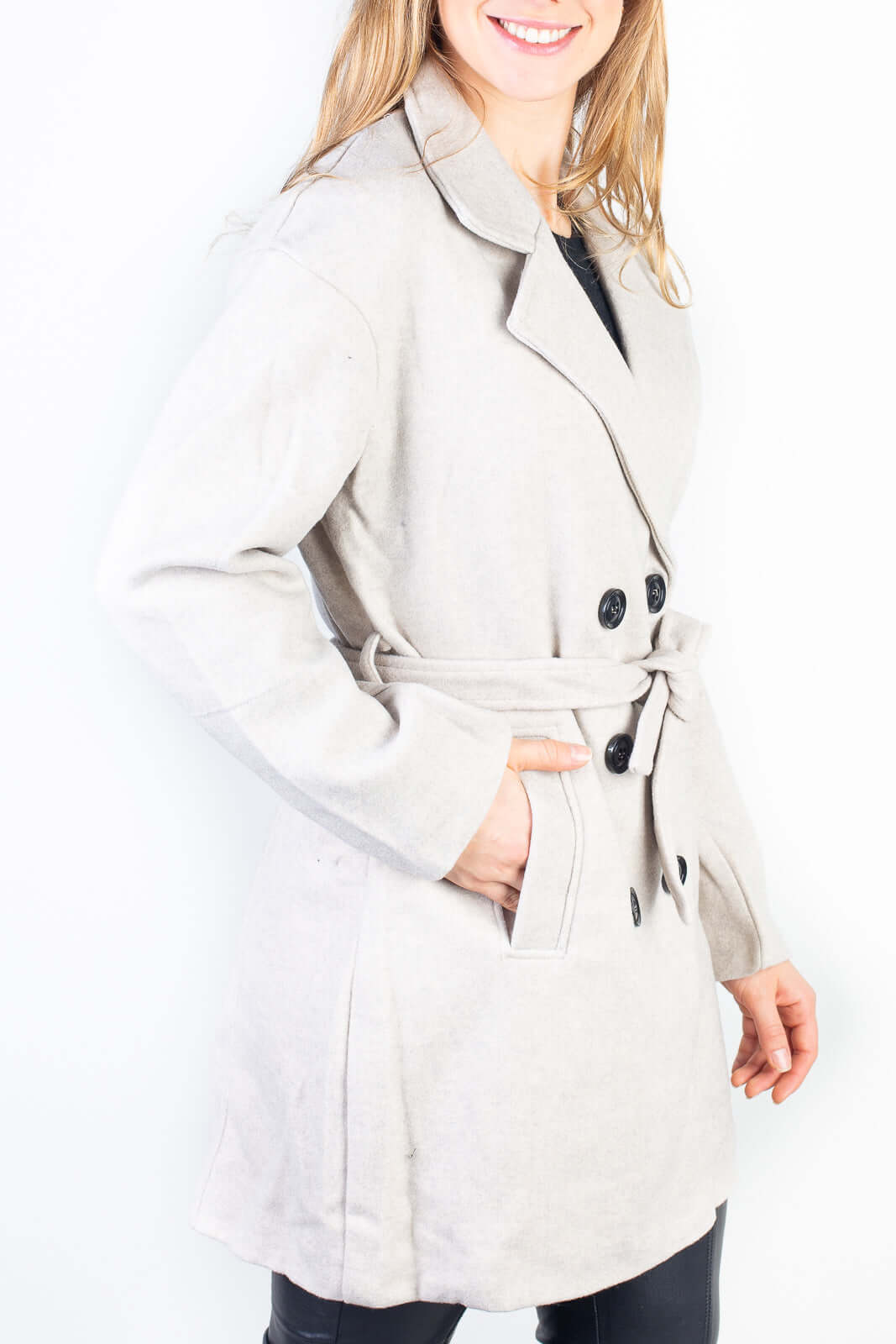 Casaco feminino lã batida sintética com cinto 84207 - Enluaze - Vestuário e Acessórios em Couro Legítimo