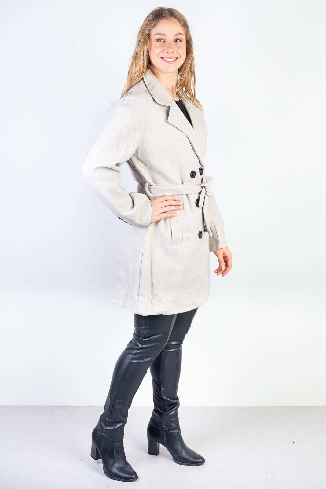 Casaco feminino lã batida sintética com cinto 84207 - Enluaze - Vestuário e Acessórios em Couro Legítimo