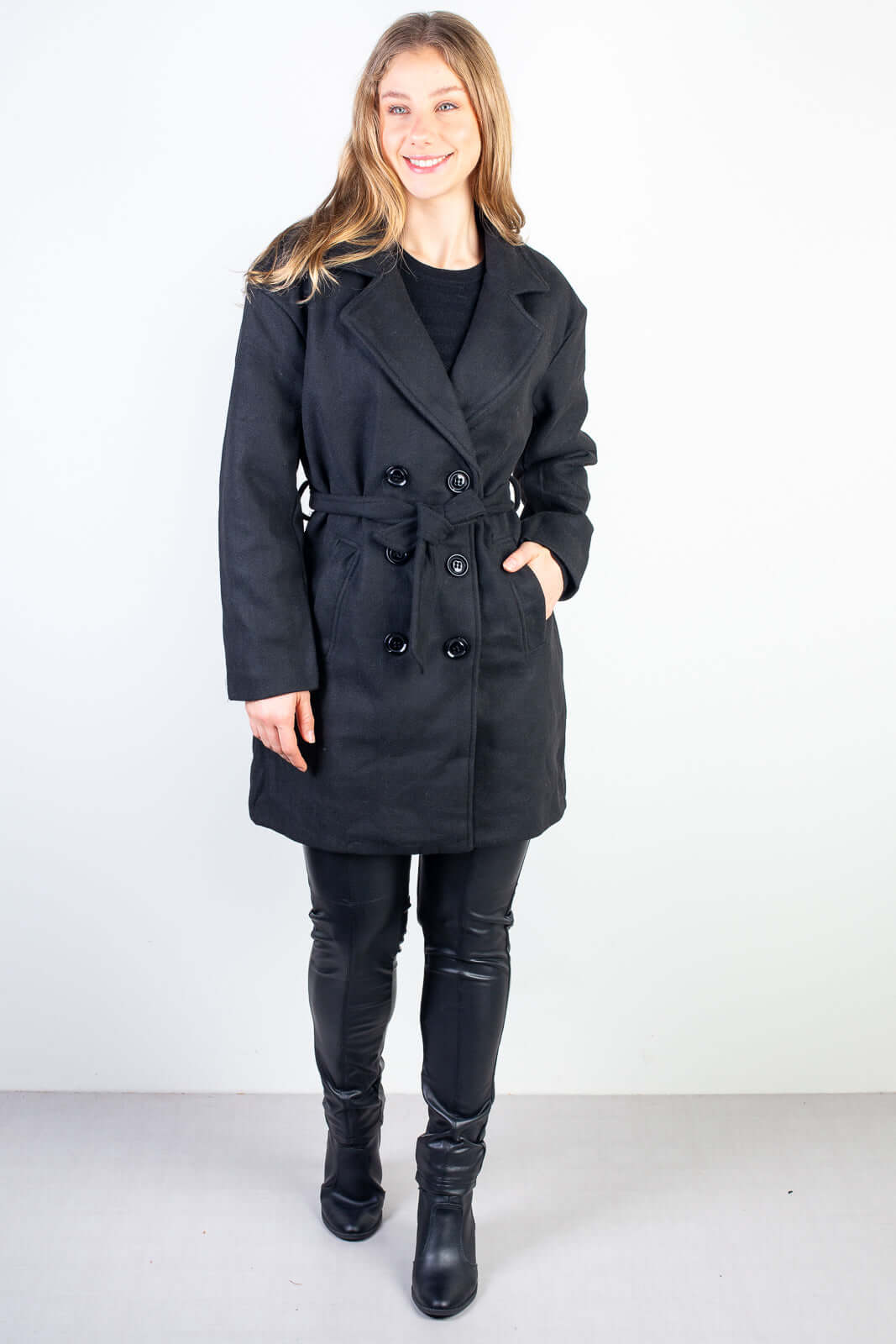 Casaco feminino lã batida sintética com cinto 84207 - Enluaze - Vestuário e Acessórios em Couro Legítimo