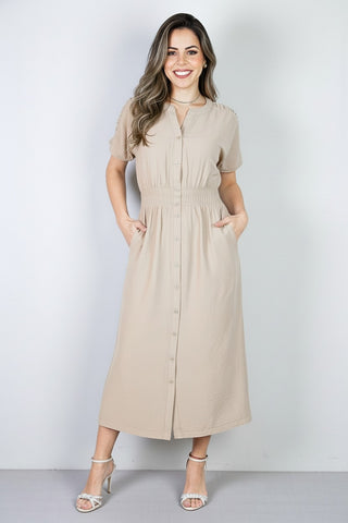 Vestido midi manga curta botões e elástico 51133