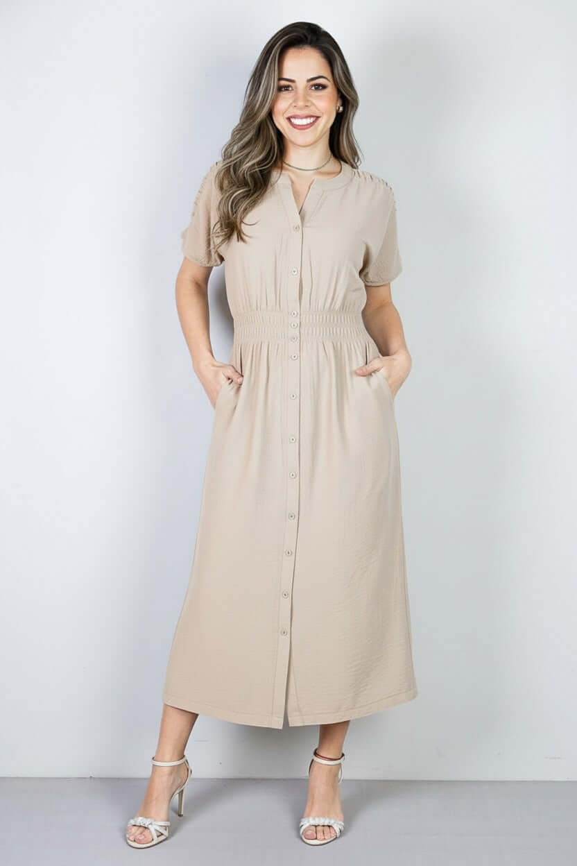 Vestido midi manga curta botões e elástico 51133 - Enluaze