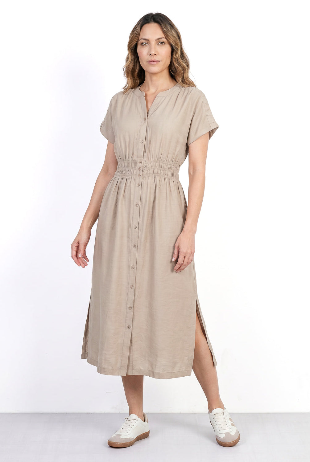 Vestido midi manga curta botões e elástico 51133