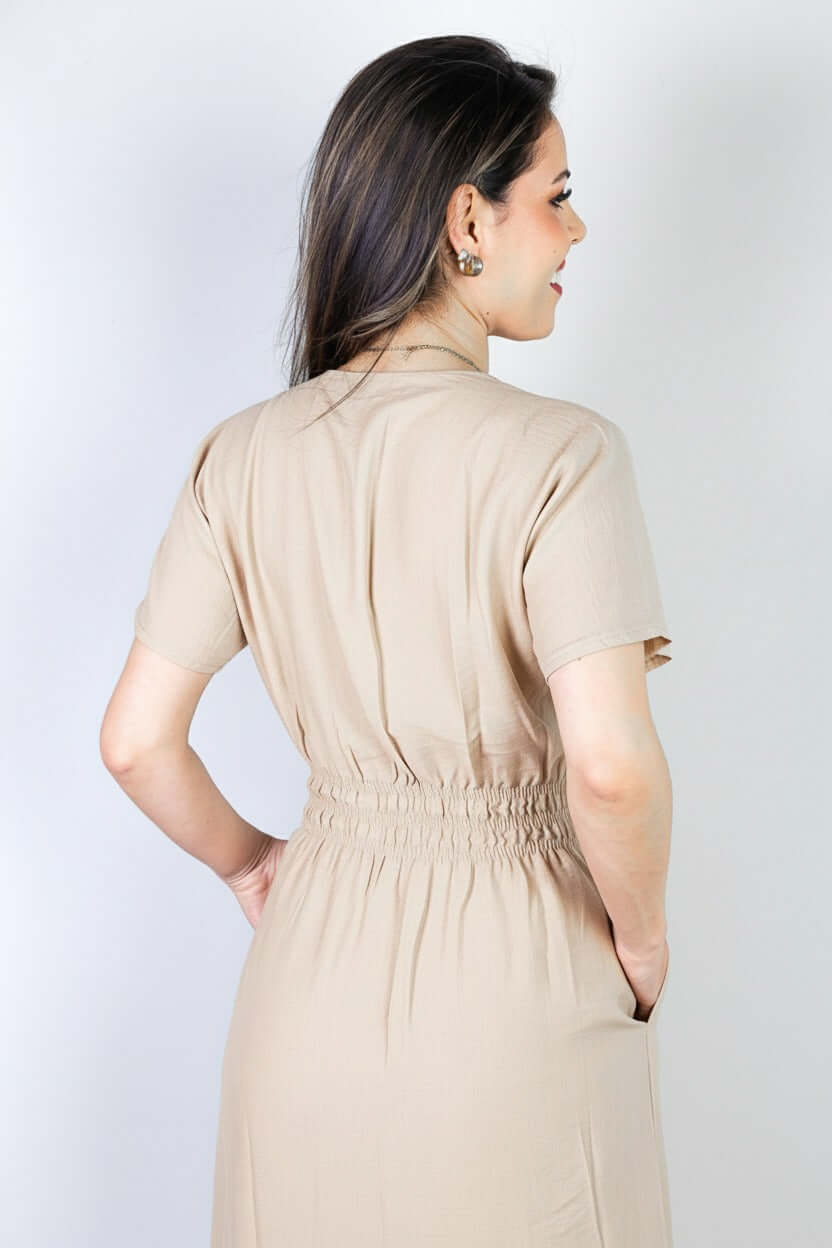Vestido midi manga curta botões e elástico 51133 - Enluaze