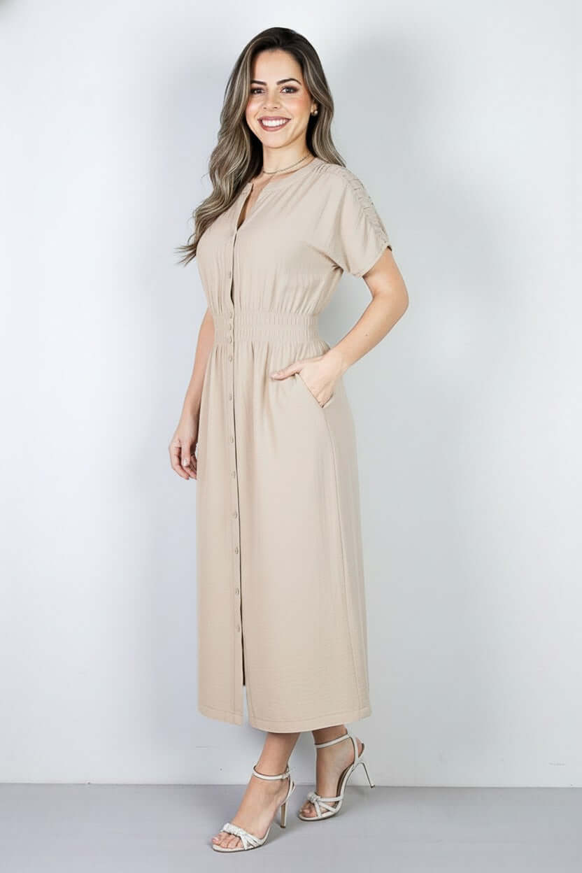 Vestido midi manga curta botões e elástico 51133 - Enluaze