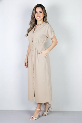 Vestido midi manga curta botões e elástico 51133