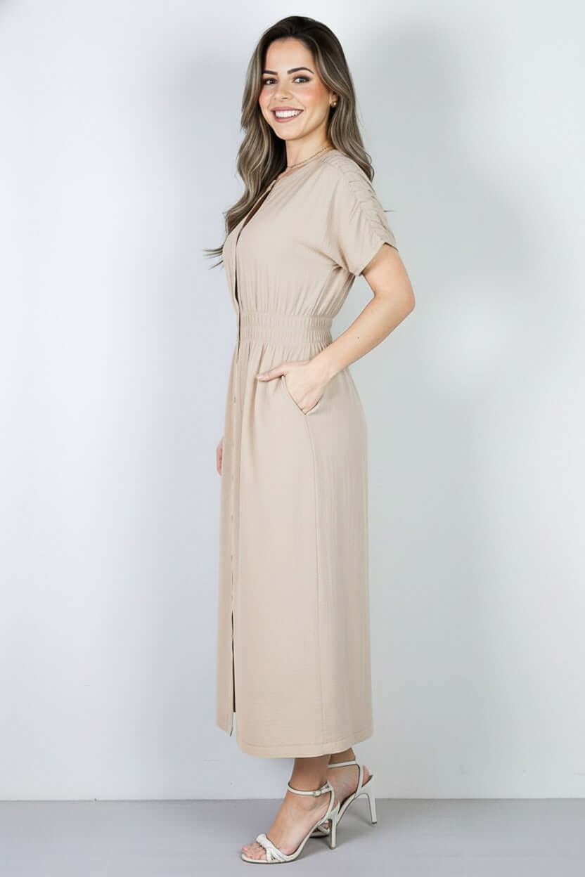 Vestido midi manga curta botões e elástico 51133 - Enluaze