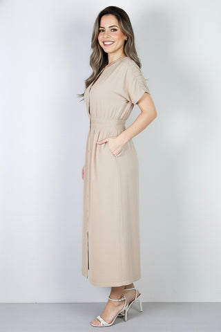 Vestido midi manga curta botões e elástico 51133