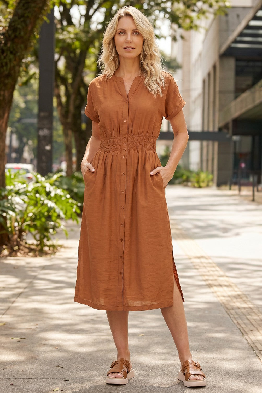 Vestido midi manga curta botões e elástico 51133