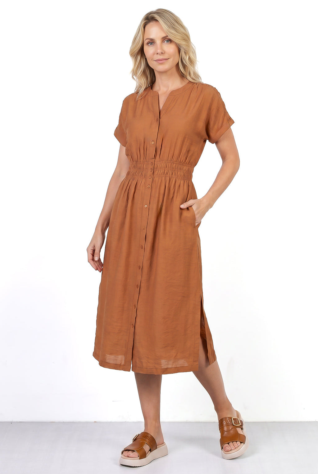 Vestido midi manga curta botões e elástico 51133
