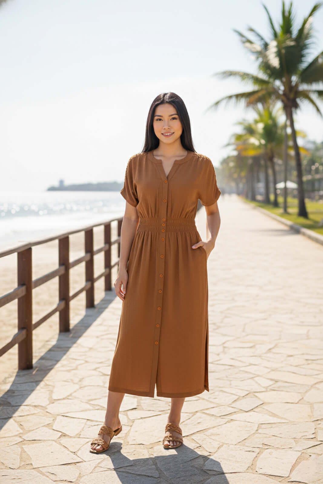 Vestido midi manga curta botões e elástico 51133 - Enluaze