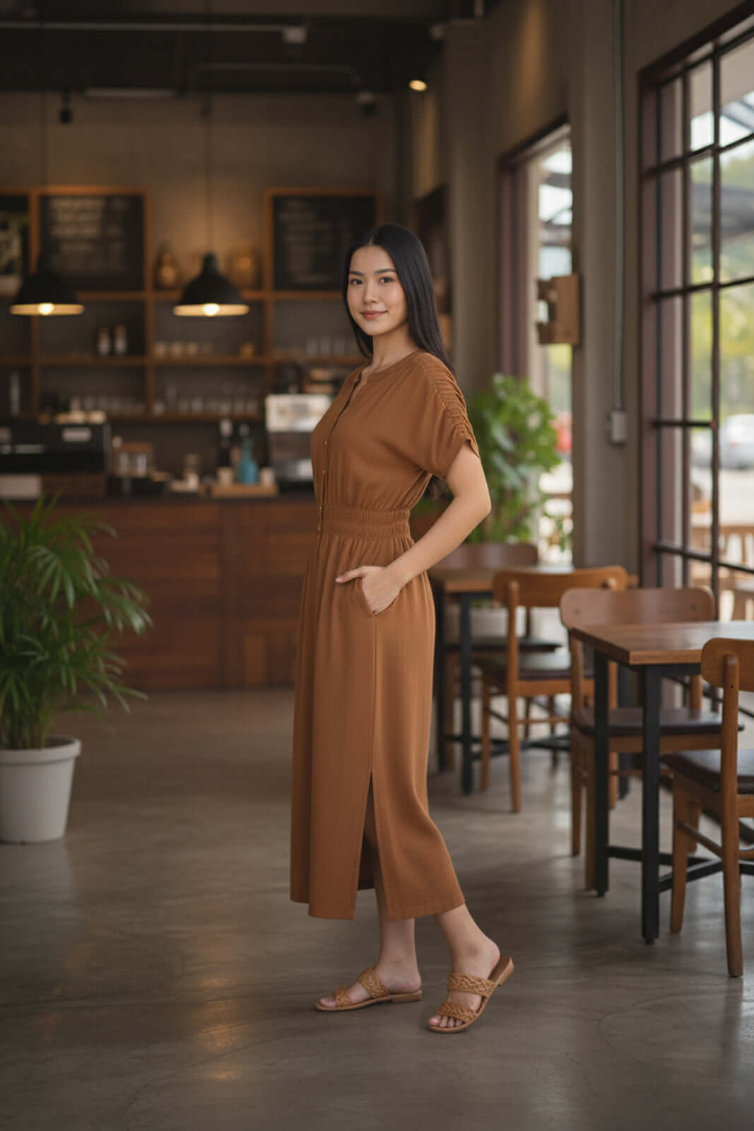 Vestido midi manga curta botões e elástico 51133 - Enluaze