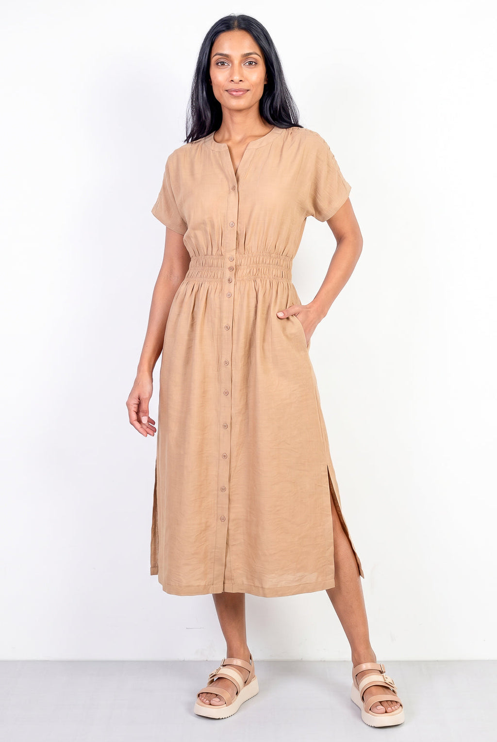 Vestido midi manga curta botões e elástico 51133