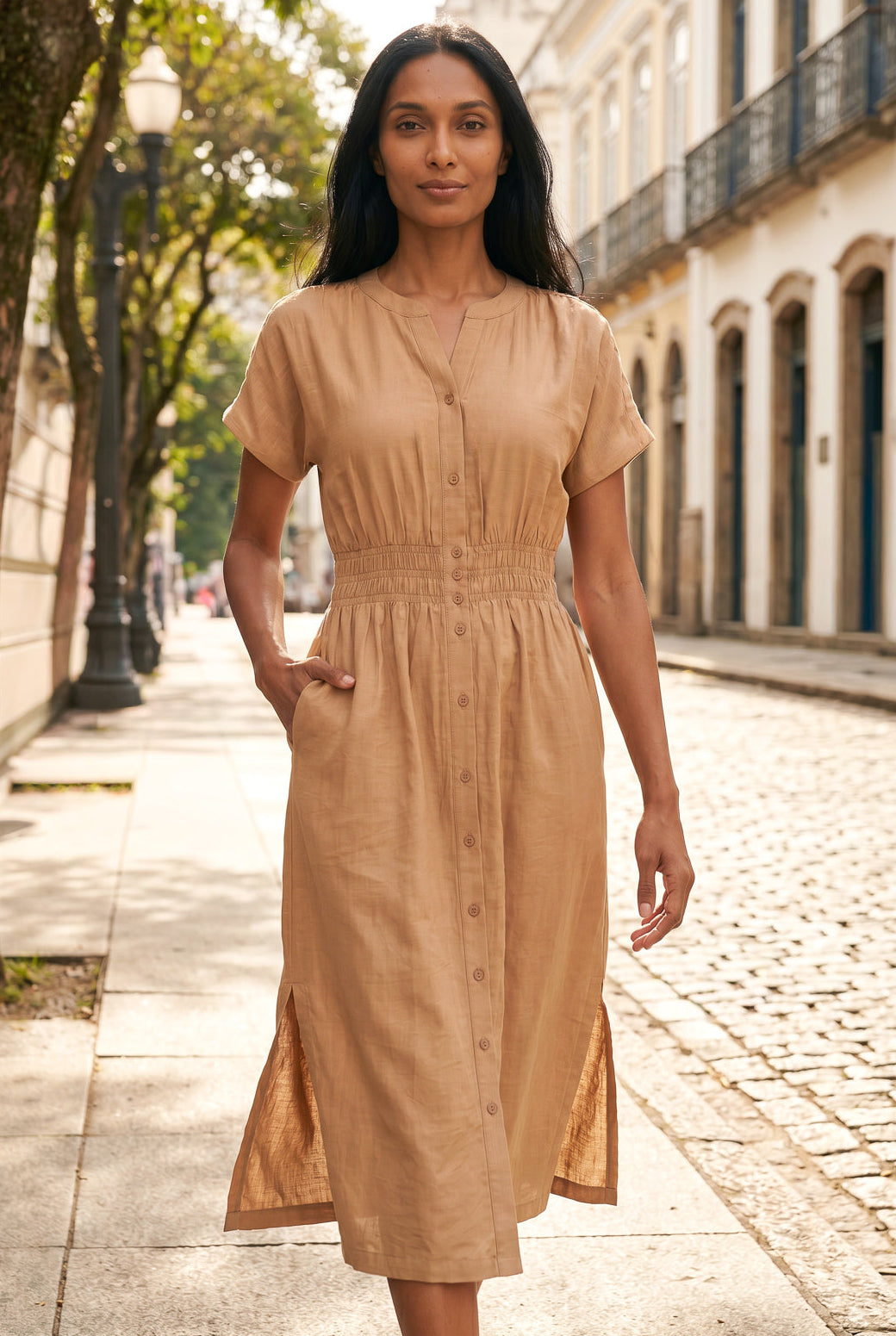 Vestido midi manga curta botões e elástico 51133