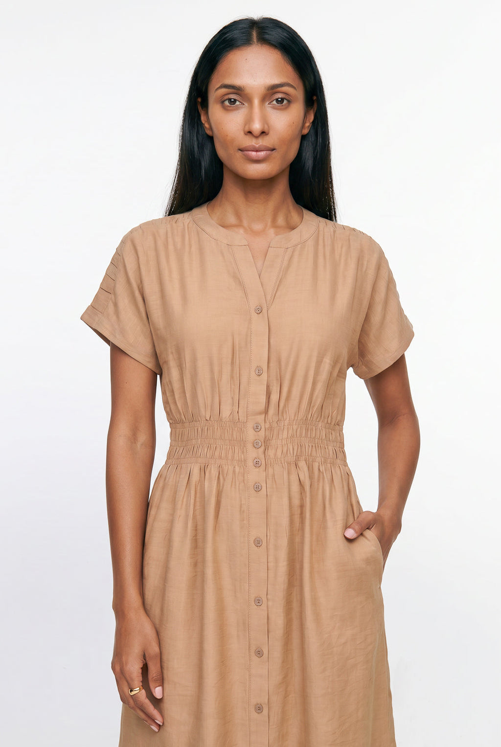 Vestido midi manga curta botões e elástico 51133