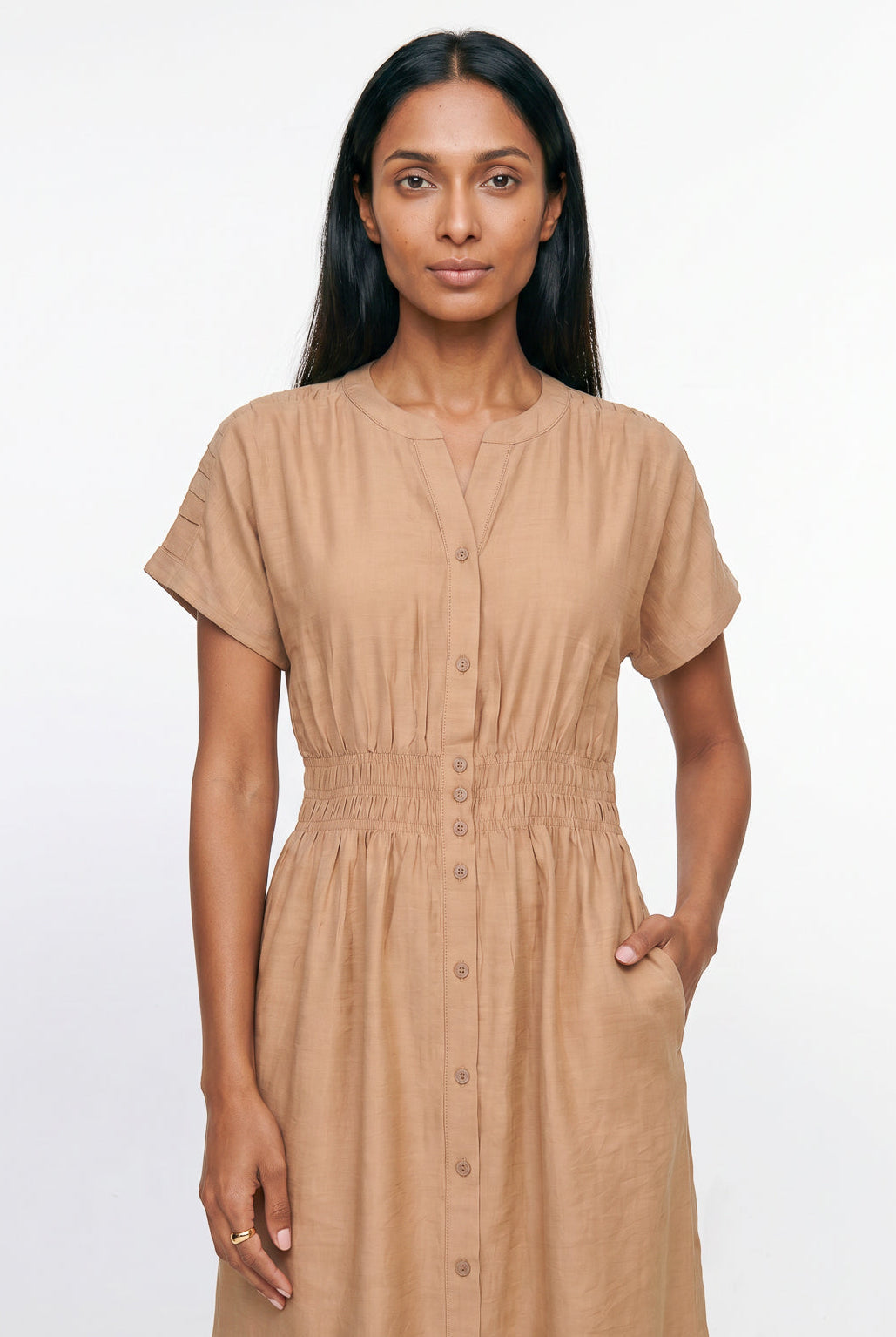 Vestido midi manga curta botões e elástico 51133