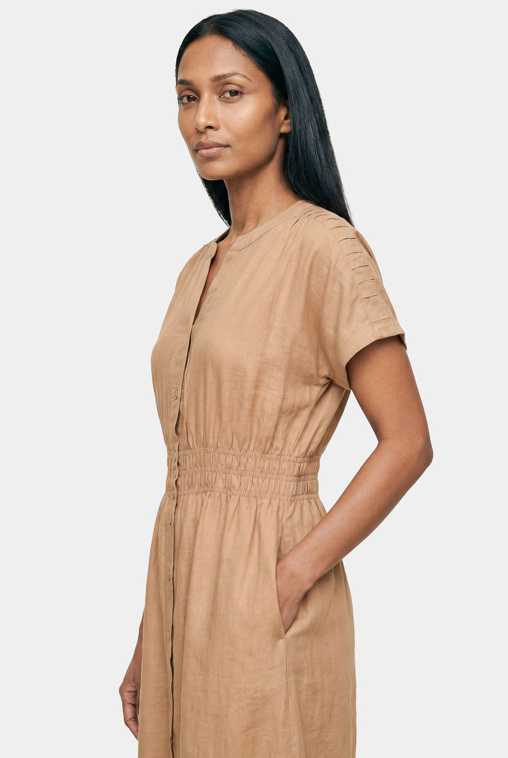 Vestido midi manga curta botões e elástico 51133