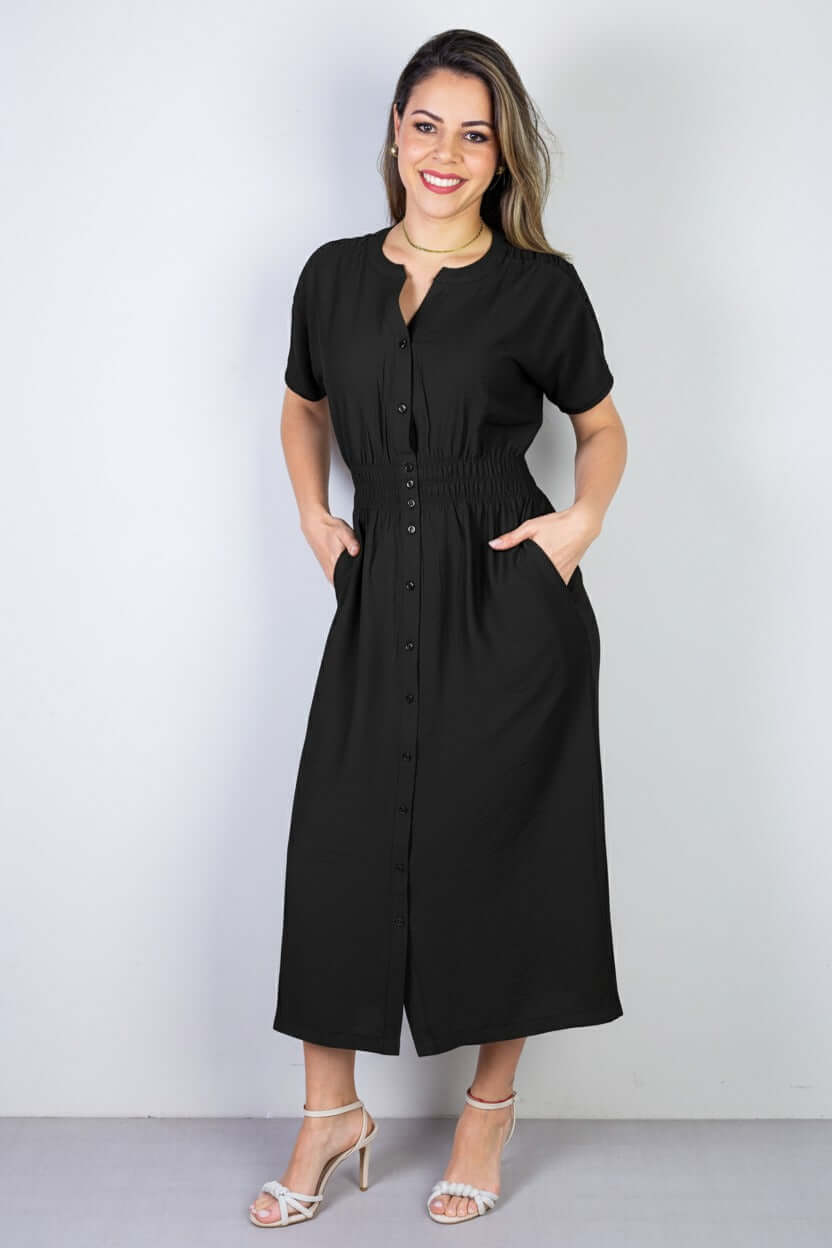 Vestido midi manga curta botões e elástico 51133 - Enluaze