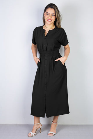 Vestido midi manga curta botões e elástico 51133