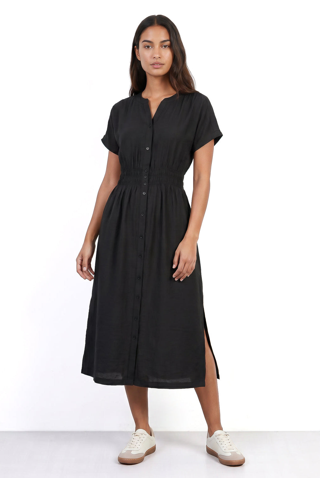 Vestido midi manga curta botões e elástico 51133