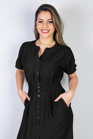 Vestido midi manga curta botões e elástico 51133
