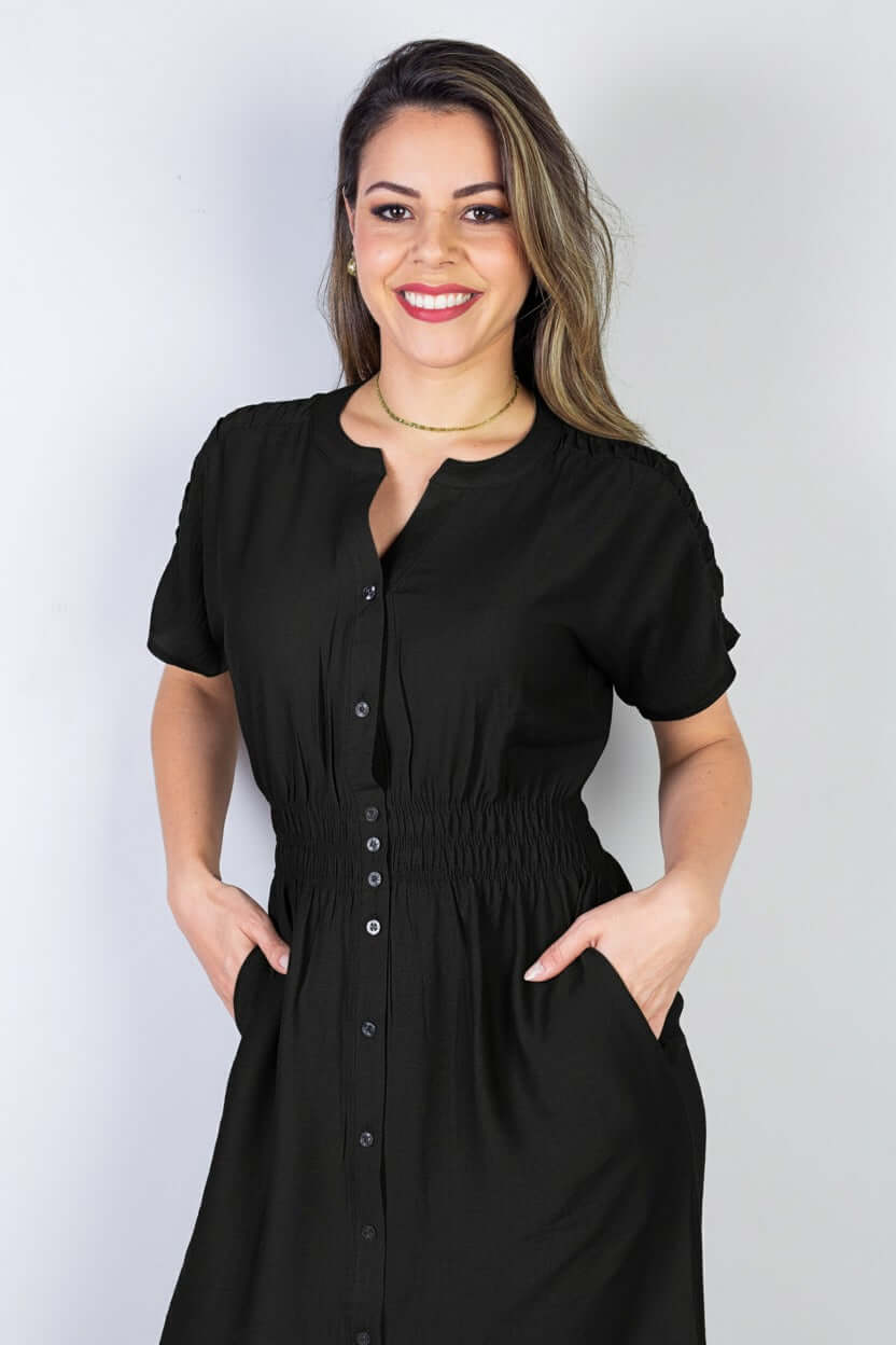 Vestido midi manga curta botões e elástico 51133 - Enluaze