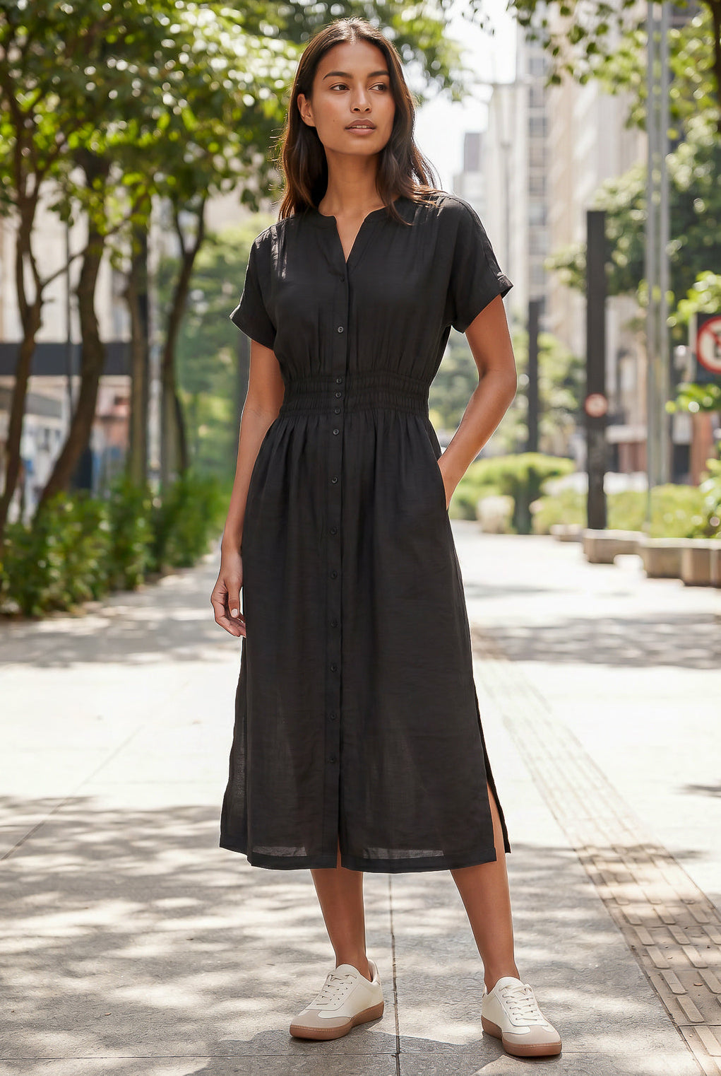 Vestido midi manga curta botões e elástico 51133