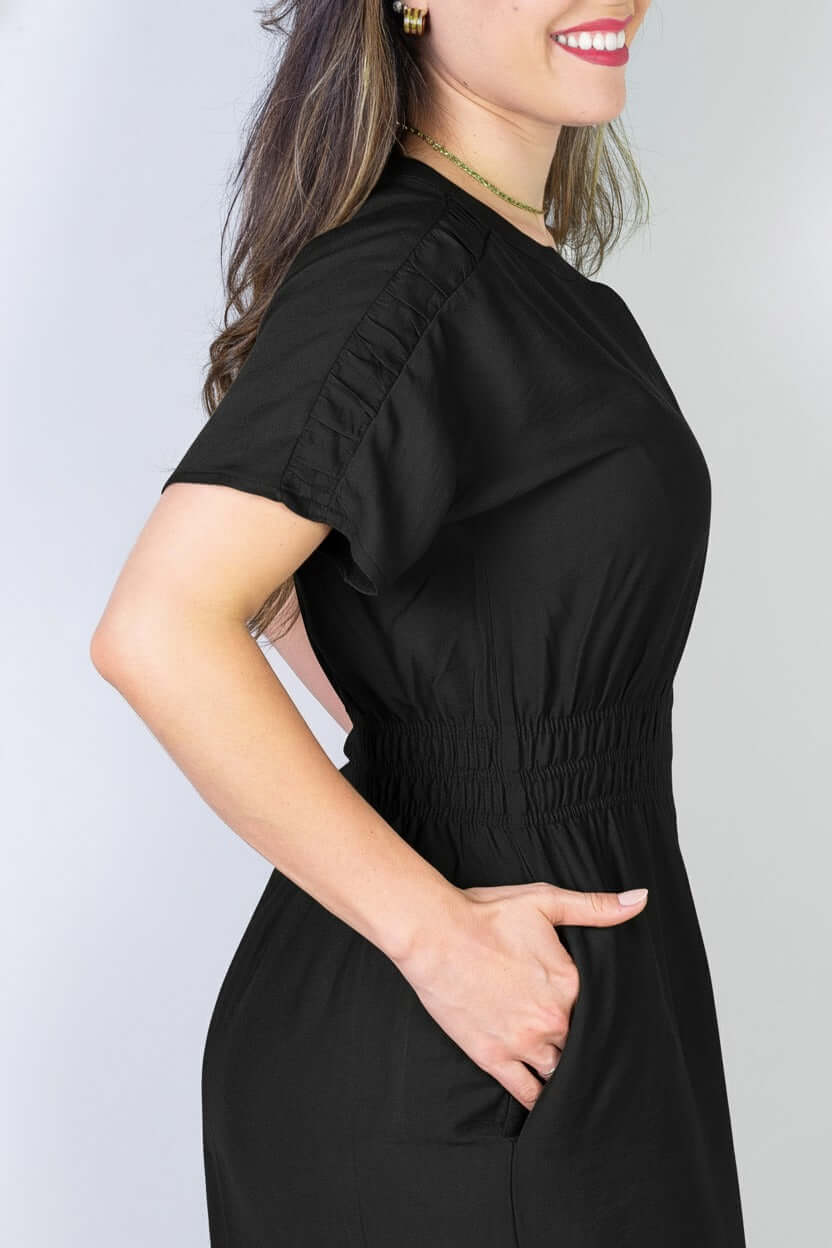 Vestido midi manga curta botões e elástico 51133 - Enluaze