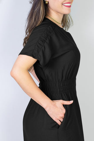 Vestido midi manga curta botões e elástico 51133