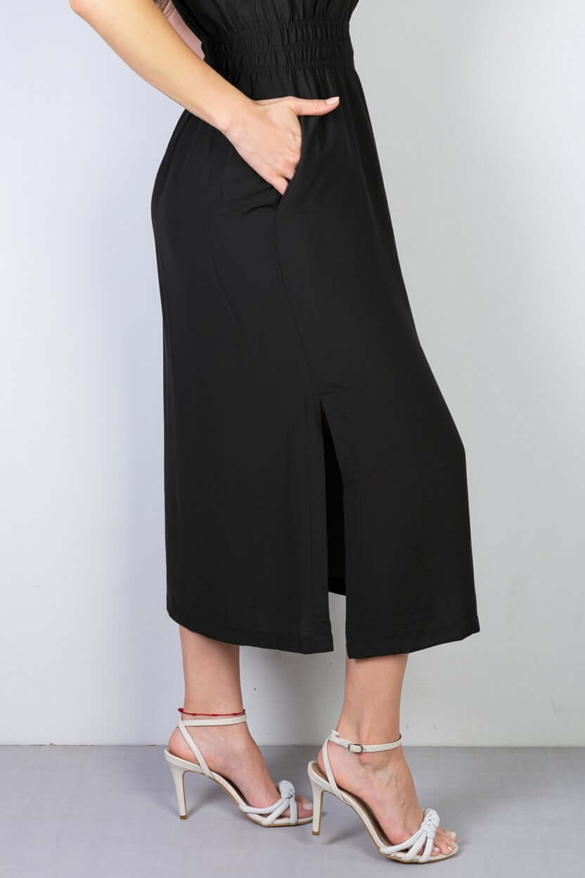 Vestido midi manga curta botões e elástico 51133 - Enluaze