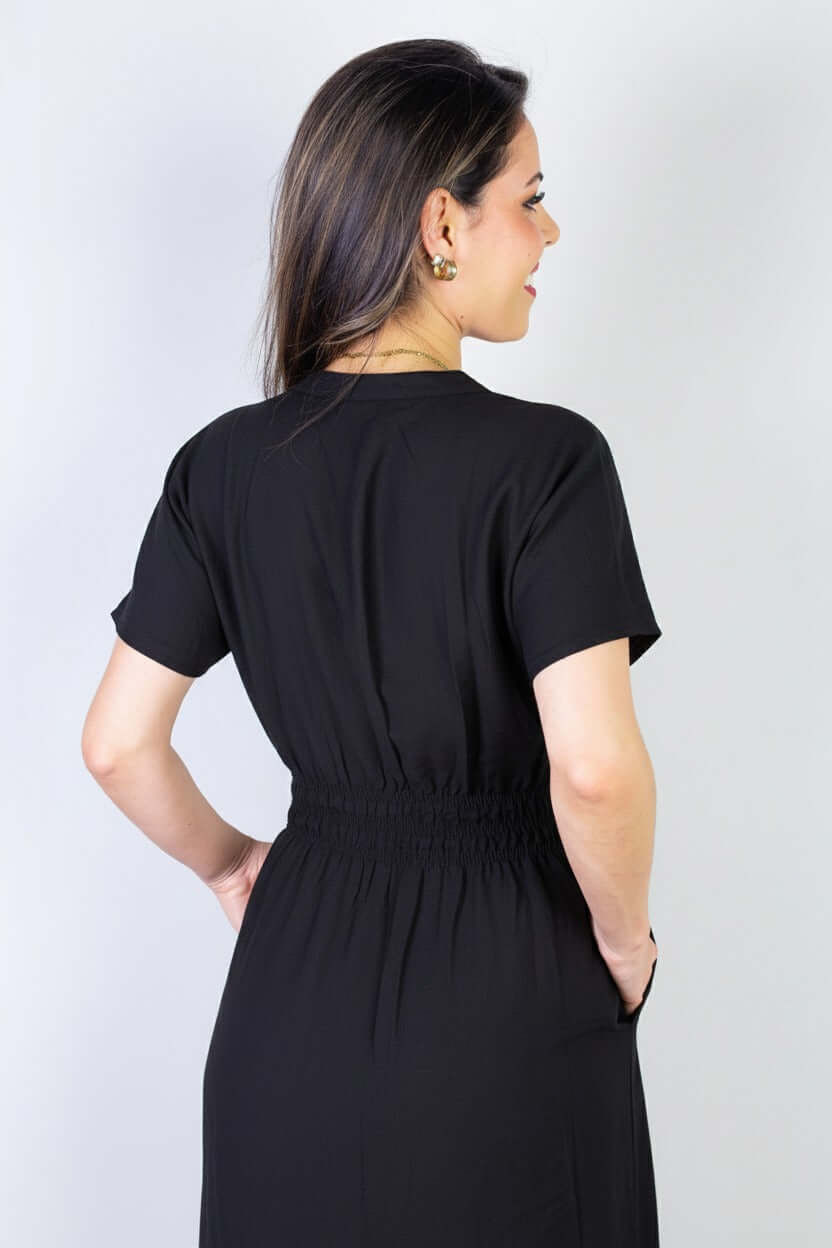 Vestido midi manga curta botões e elástico 51133 - Enluaze
