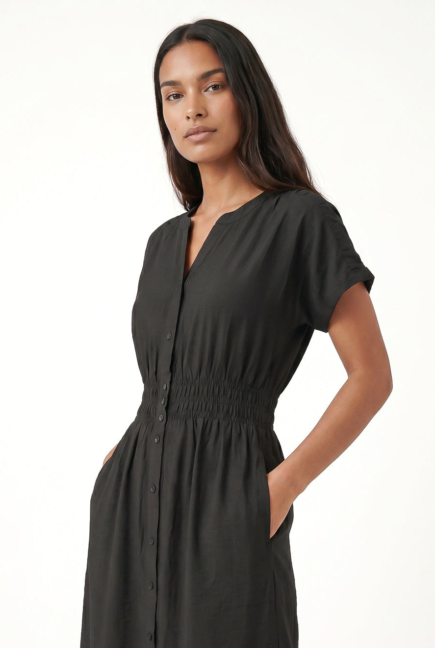 Vestido midi manga curta botões e elástico 51133
