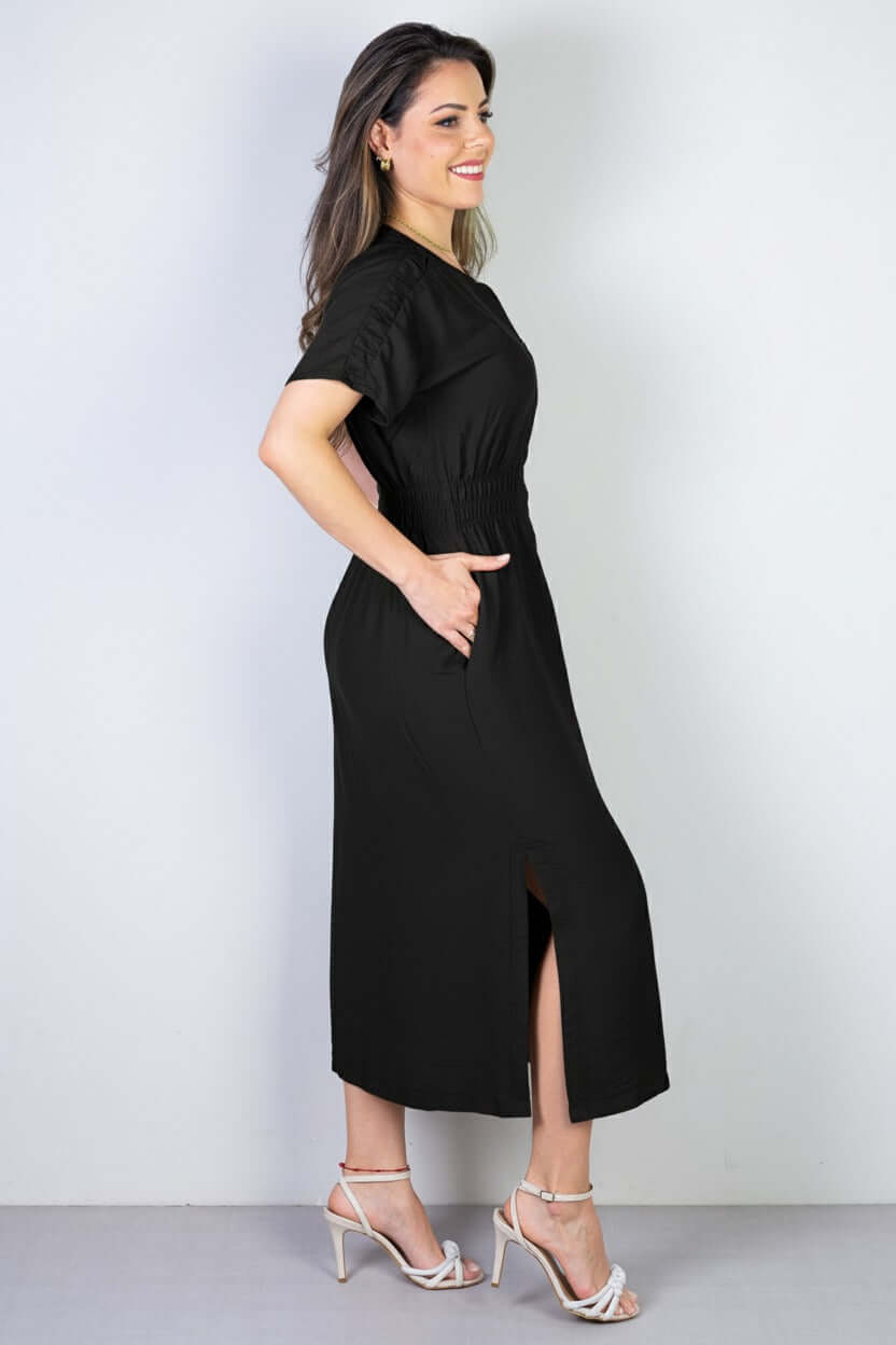 Vestido midi manga curta botões e elástico 51133 - Enluaze