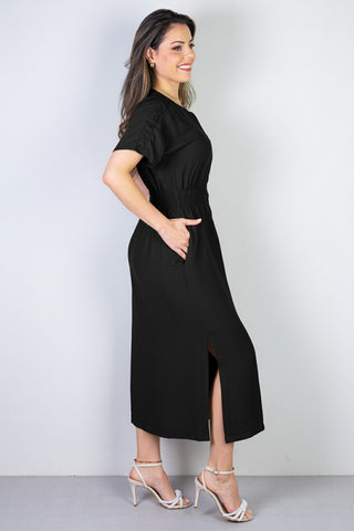 Vestido midi manga curta botões e elástico 51133