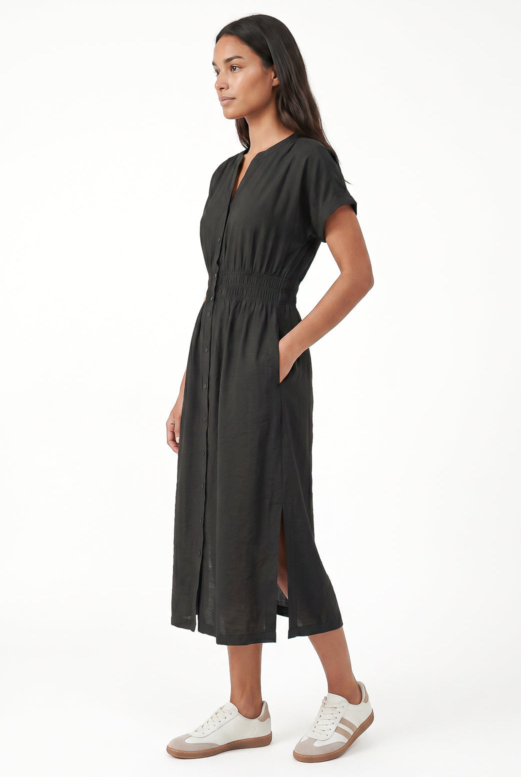 Vestido midi manga curta botões e elástico 51133
