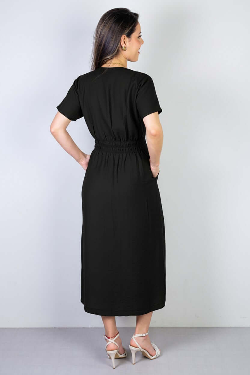 Vestido midi manga curta botões e elástico 51133 - Enluaze