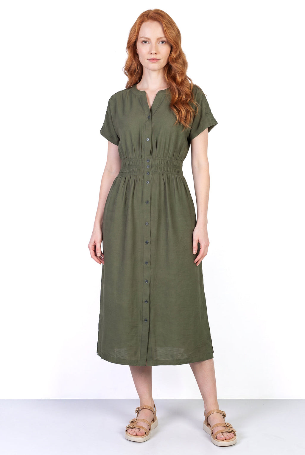 Vestido midi manga curta botões e elástico 51133