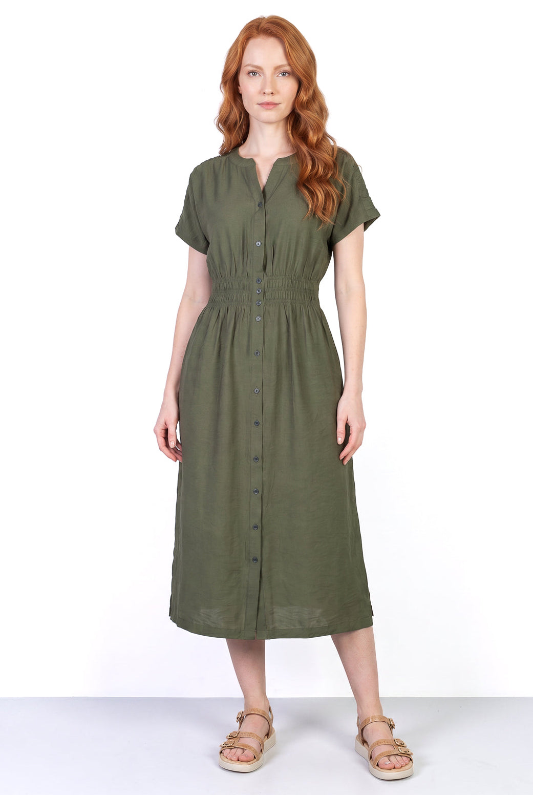 Vestido midi manga curta botões e elástico 51133