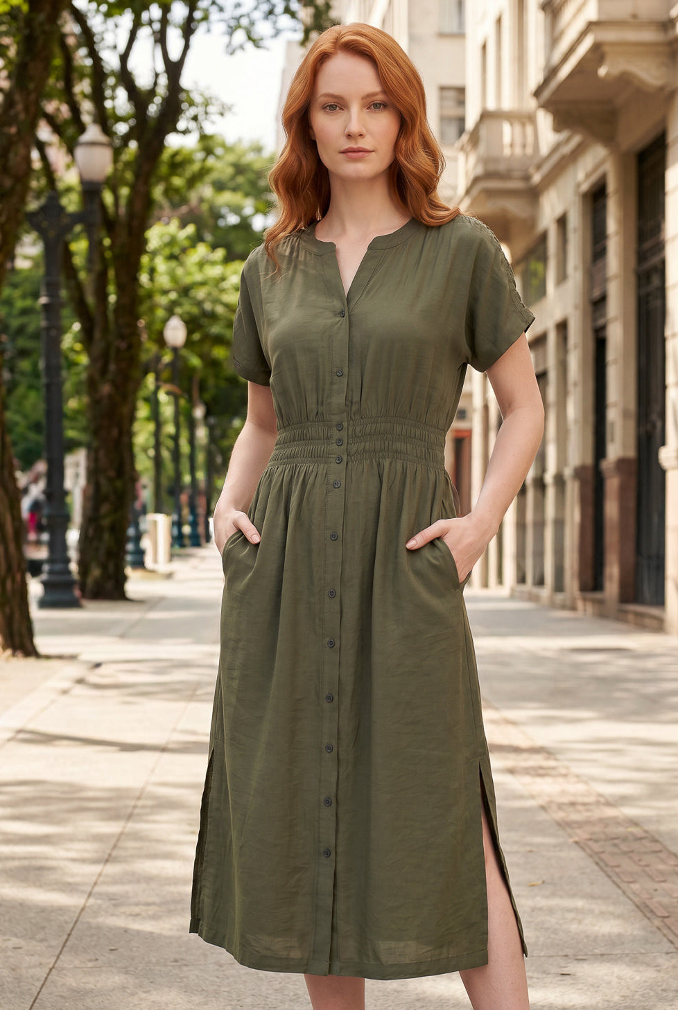 Vestido midi manga curta botões e elástico 51133