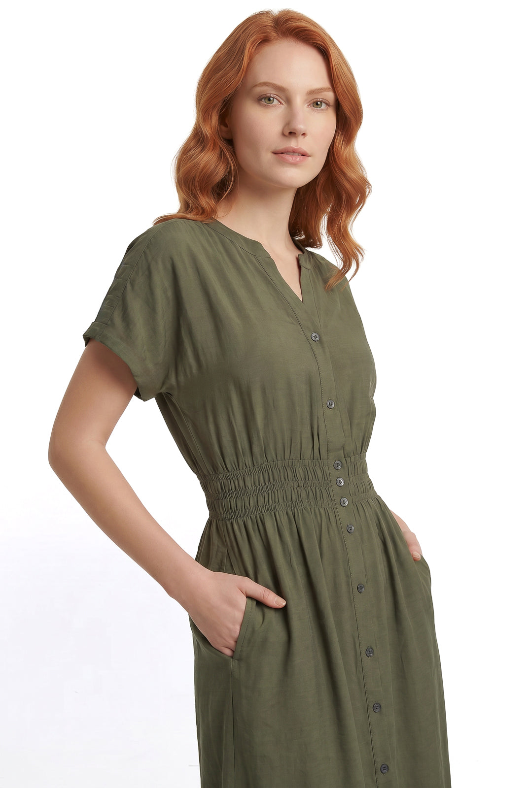 Vestido midi manga curta botões e elástico 51133