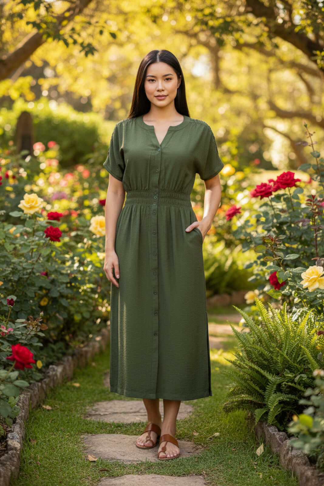 Vestido midi manga curta botões e elástico 51133 - Enluaze