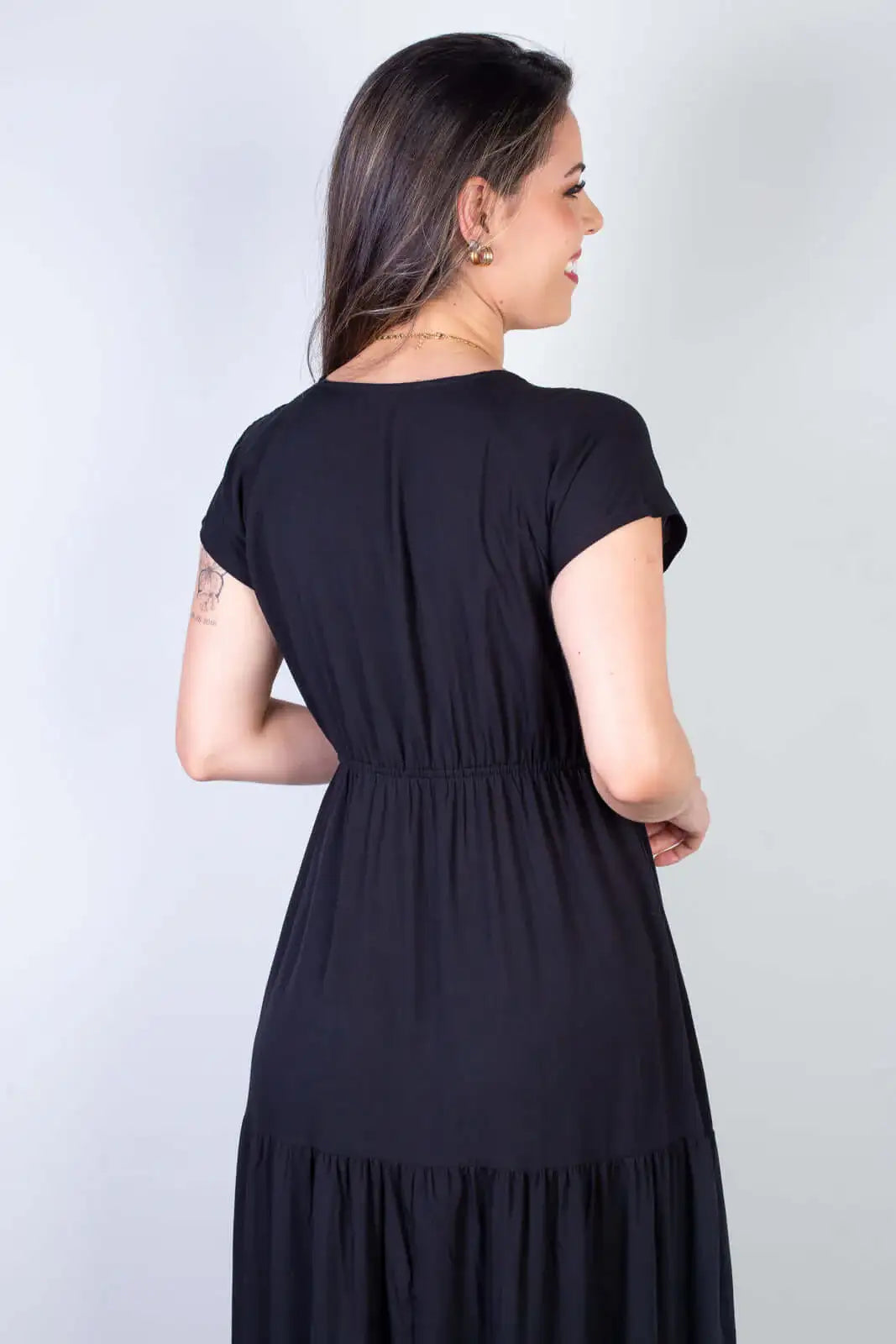 Vestido feminino midi manga curta decote v 51470 - Enluaze