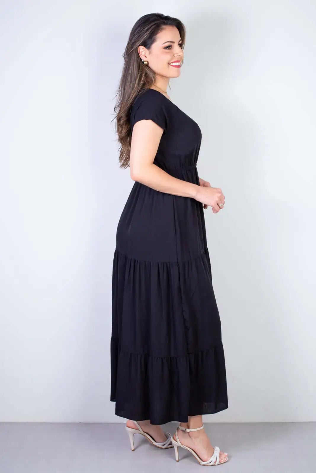 Vestido feminino midi manga curta decote v 51470 - Enluaze