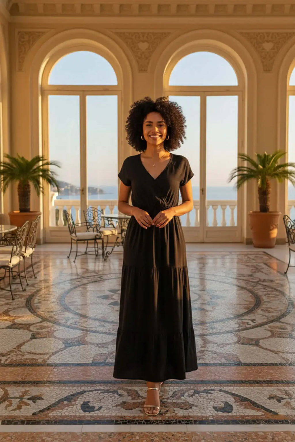 Vestido feminino midi manga curta decote v 51470 - Enluaze