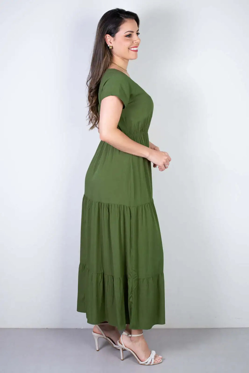 Vestido feminino midi manga curta decote v 51470 - Enluaze