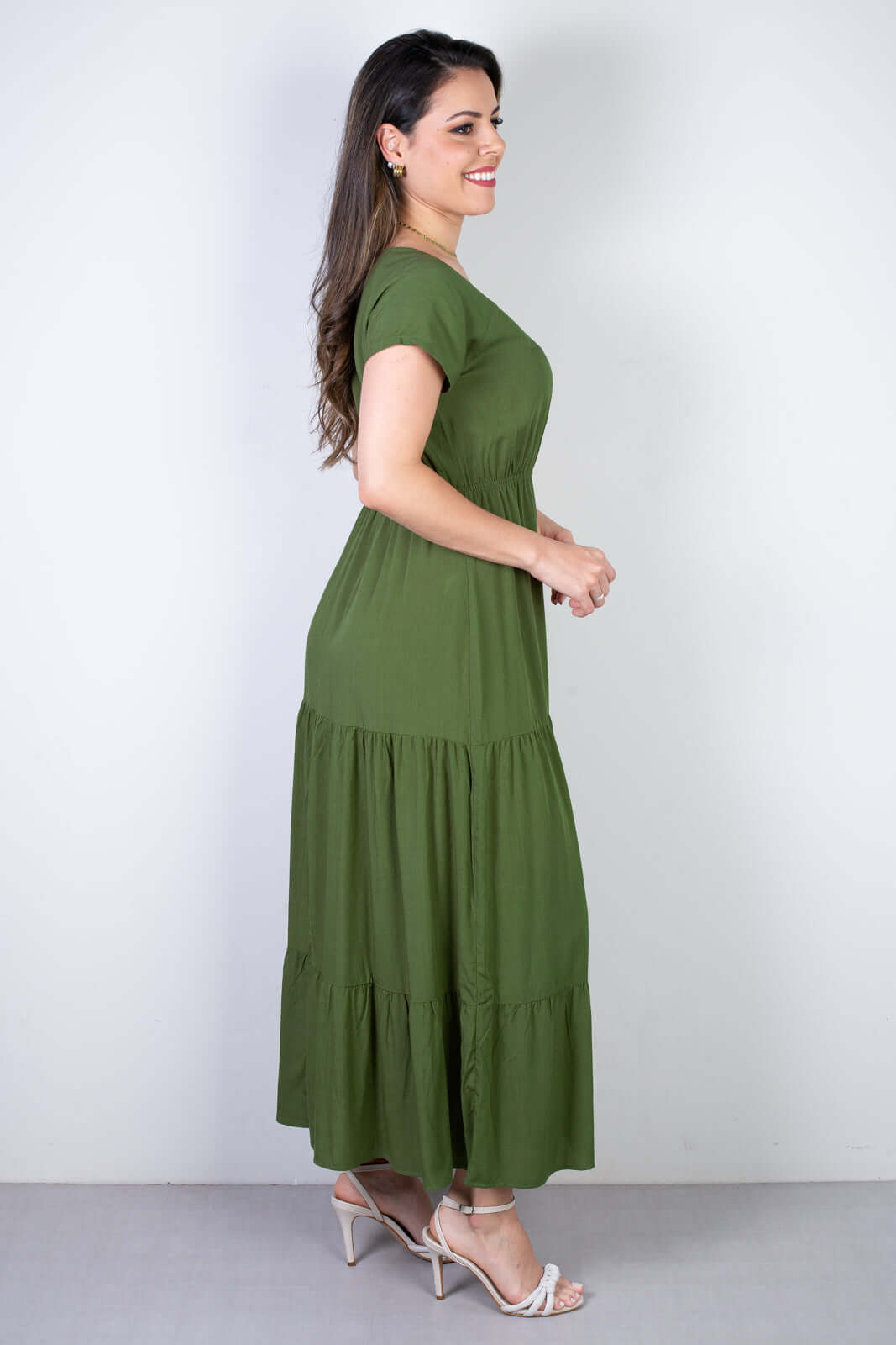 Vestido feminino midi manga curta decote v 51470 - Enluaze