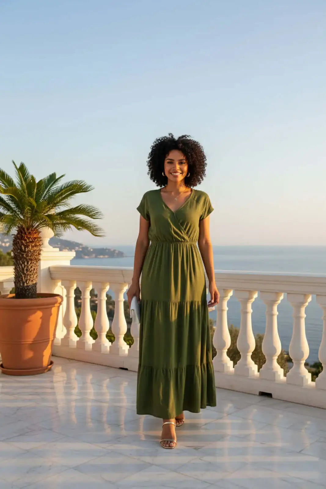 Vestido feminino midi manga curta decote v 51470 - Enluaze