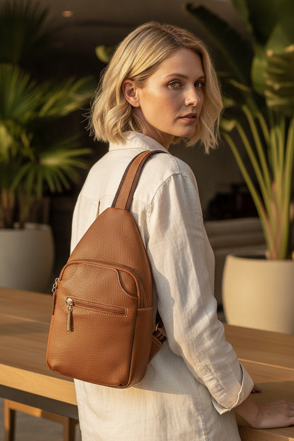 Mini mochila feminina transversal de couro liso Jenny