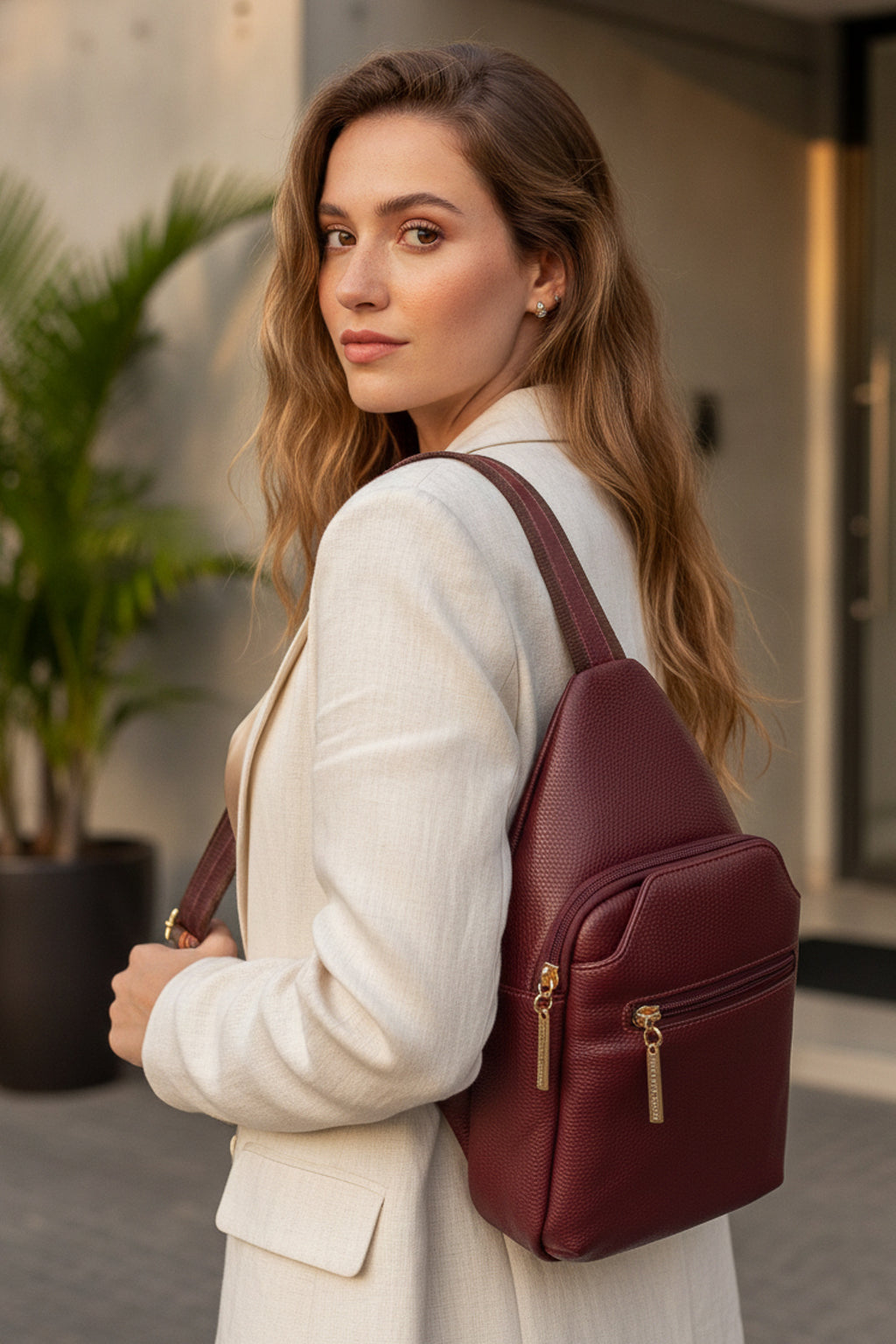 Mini mochila feminina transversal de couro liso Jenny