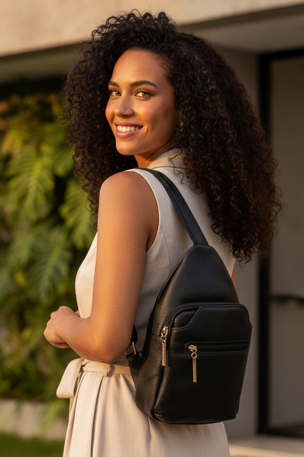 Mini mochila feminina transversal de couro liso Jenny